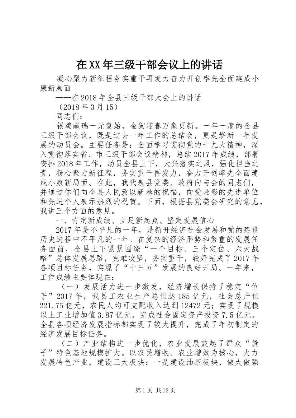 在XX年三级干部会议上的讲话发言_第1页