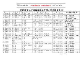 民航西南地区消费者事务管理人员及联系电话