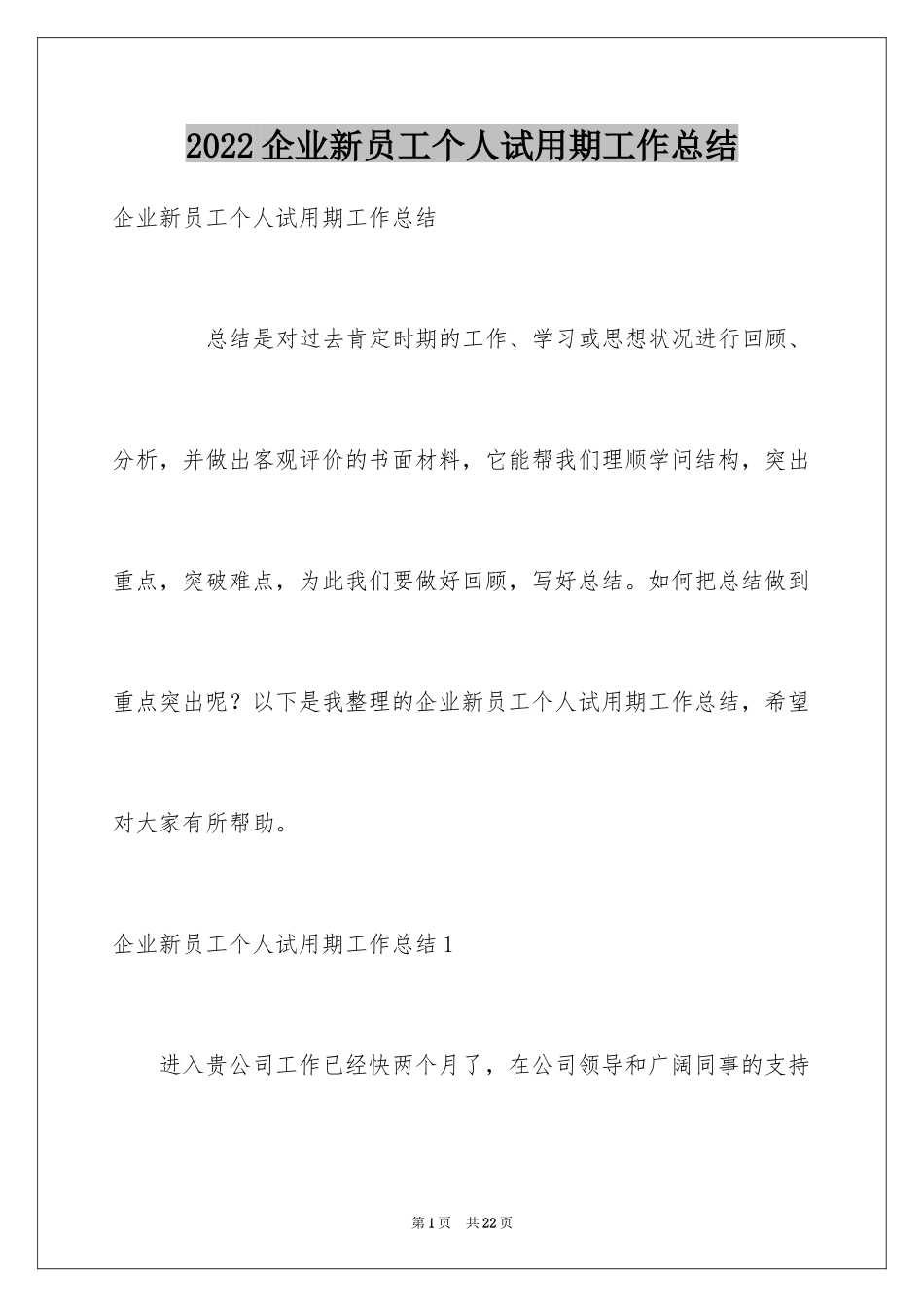 2024企业新员工个人试用期工作总结_第1页