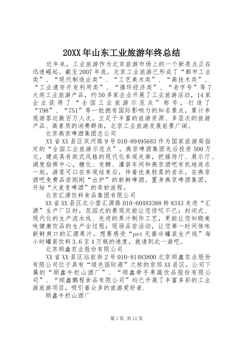 20XX年山东工业旅游年终总结 _第1页