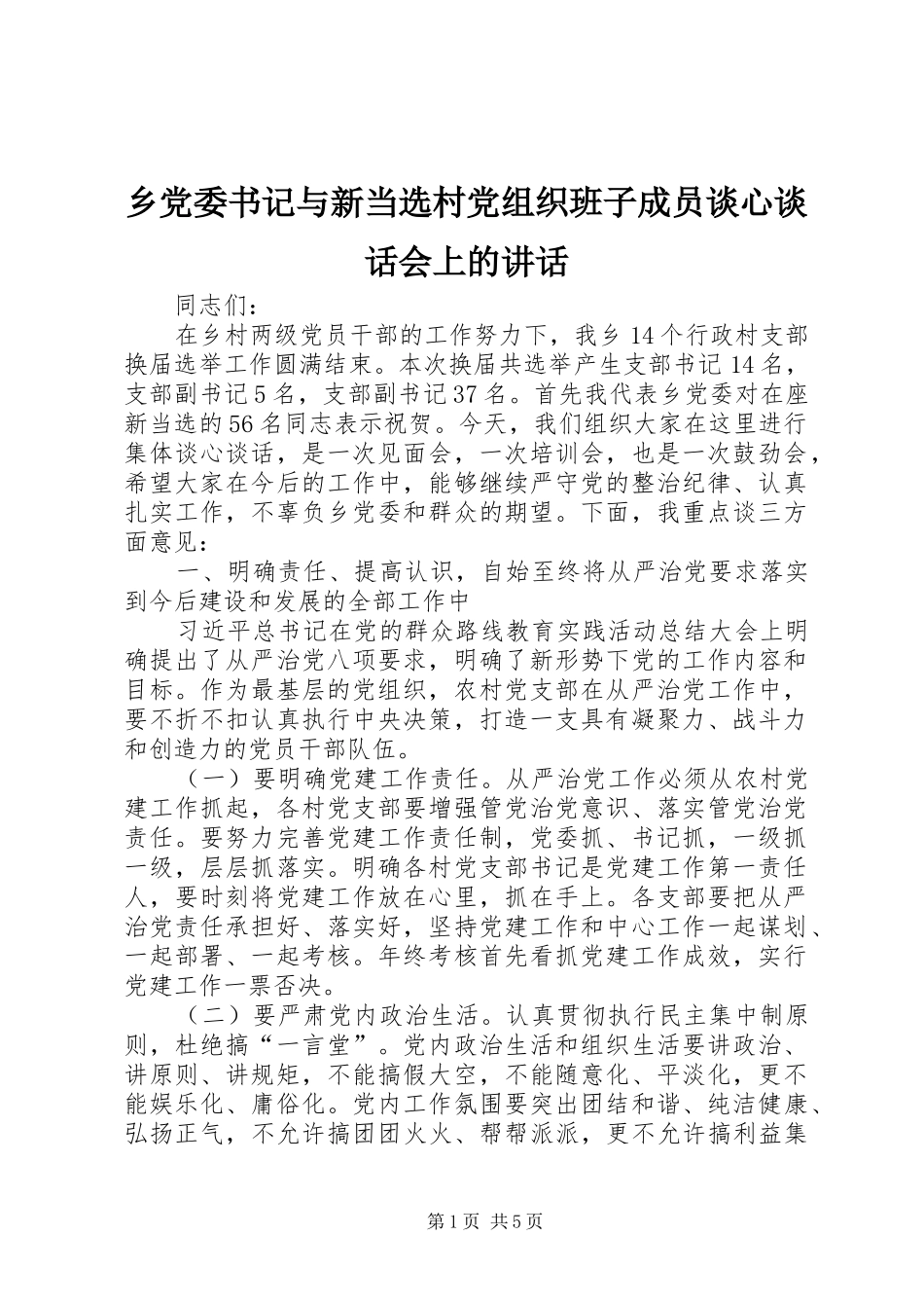乡党委书记与新当选村党组织班子成员谈心谈话会上的讲话发言_第1页