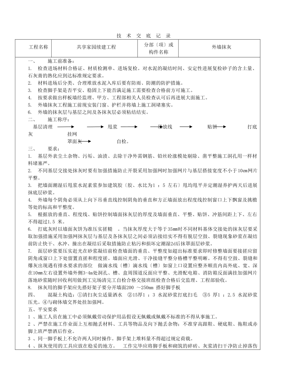 共享家园续建工程外墙抹灰技术交底_第1页