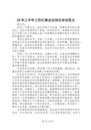 XX年上半年工作汇报会议局长讲话发言范文
