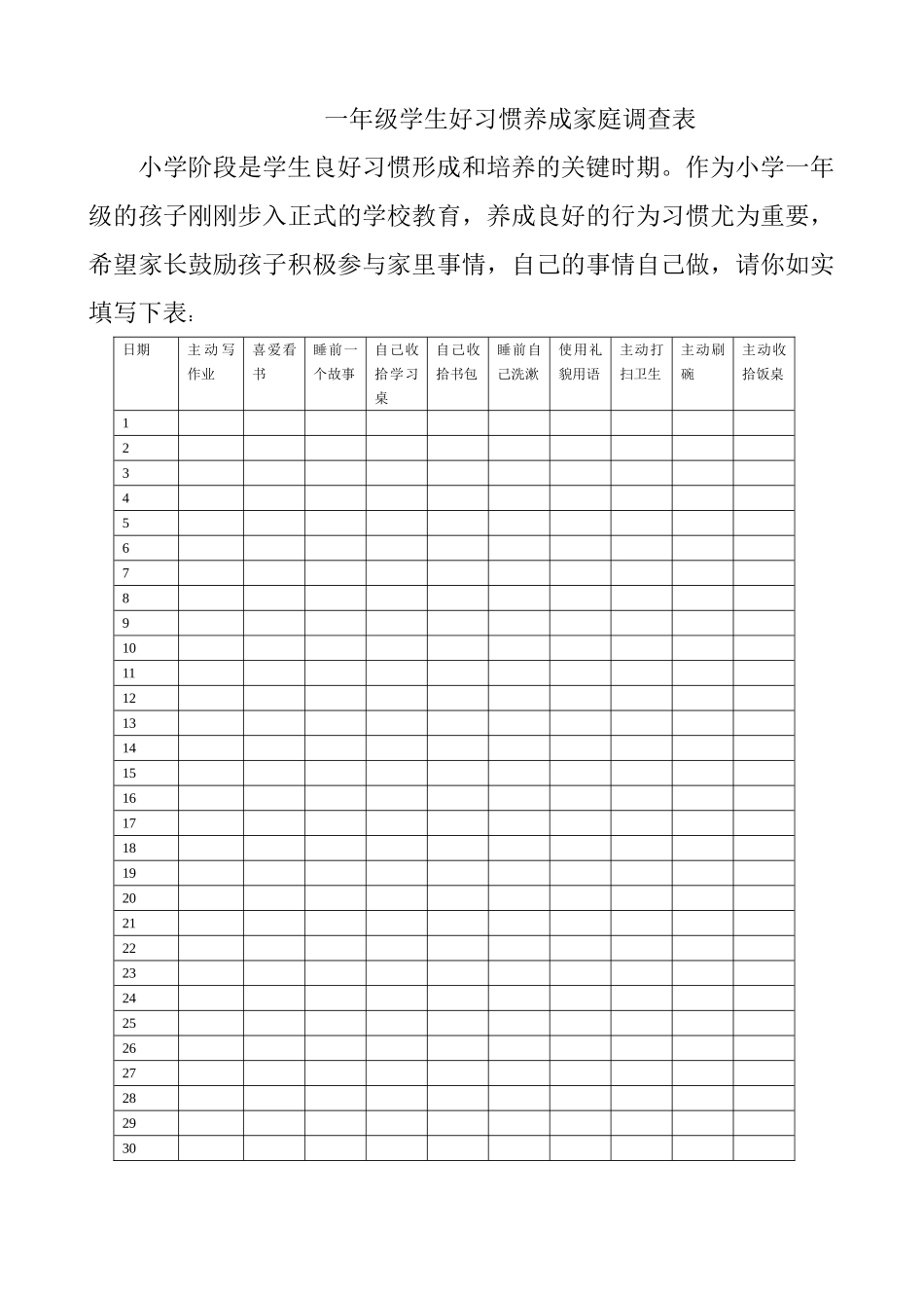 一年级好习惯养成家庭调查表_第1页
