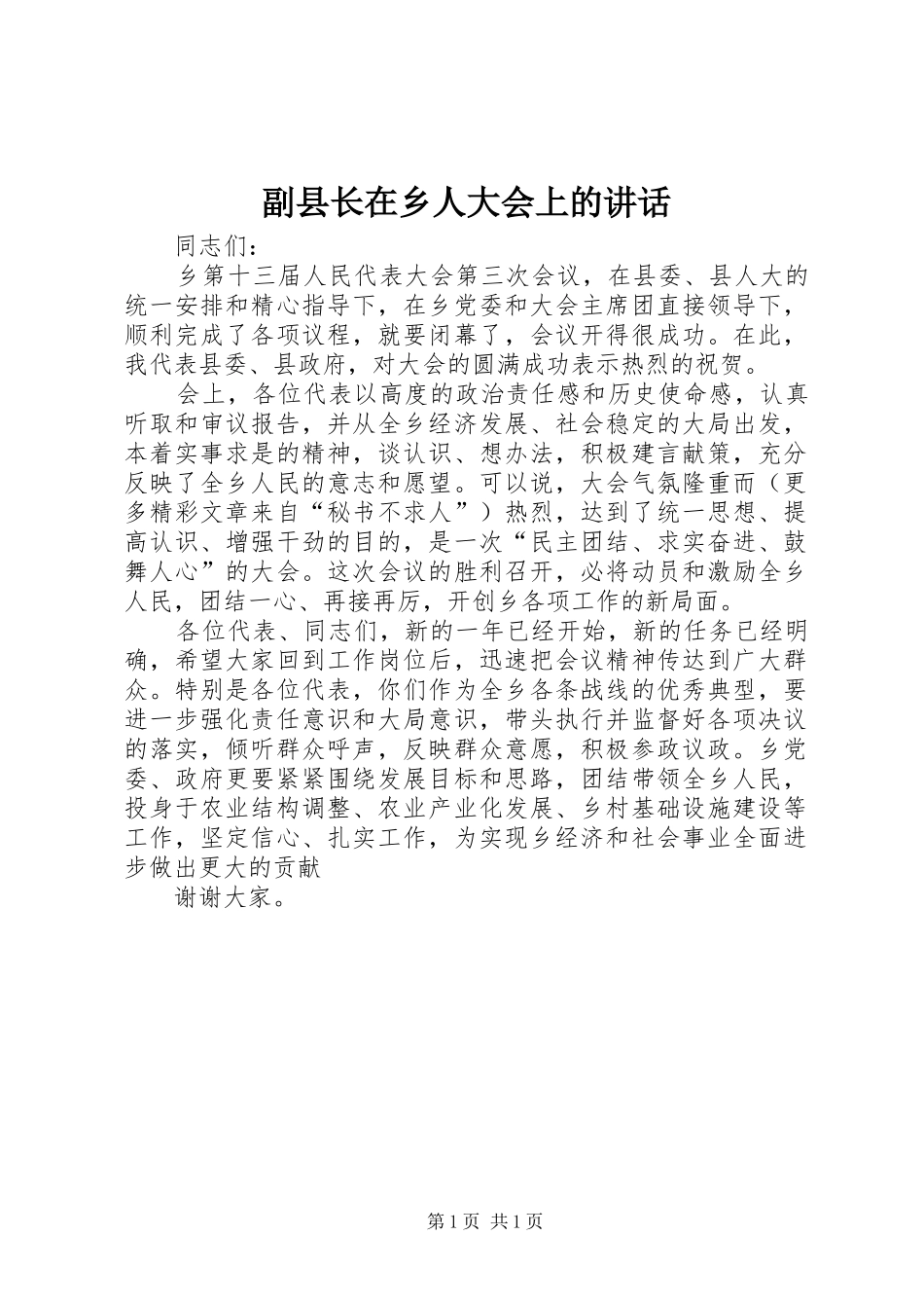 副县长在乡人大会上的讲话发言_第1页