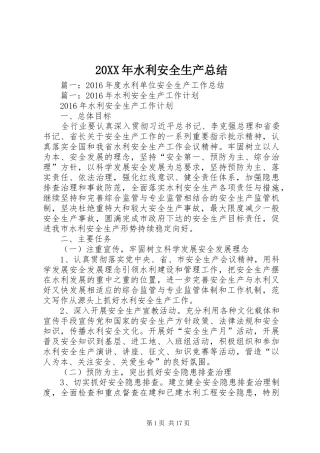 20XX年水利安全生产总结