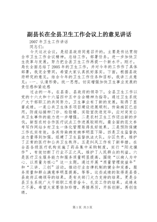 副县长在全县卫生工作会议上的意见讲话发言