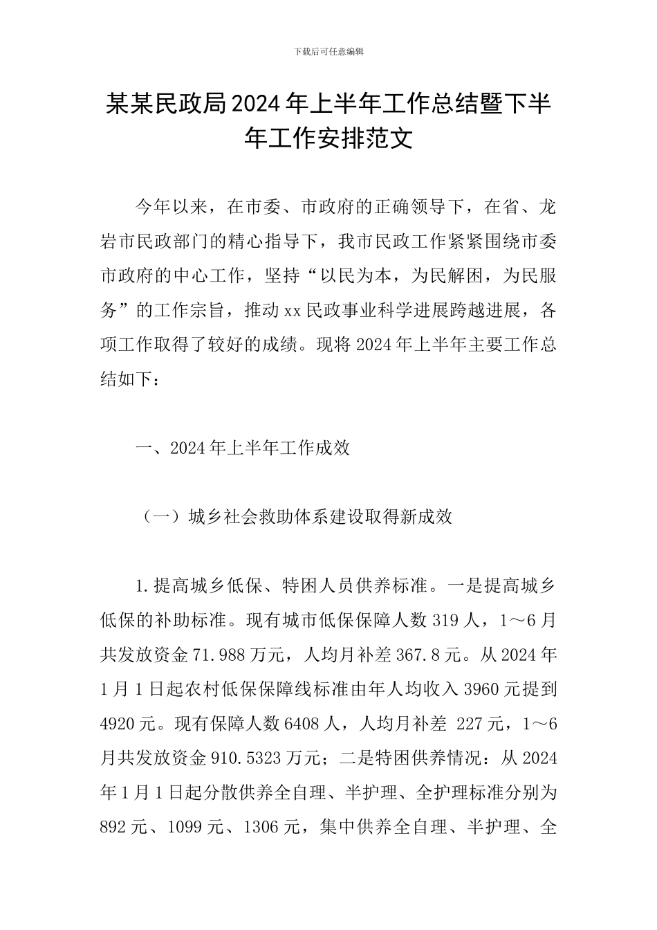 某某民政局2024年上半年工作总结暨下半年工作安排范文_第1页