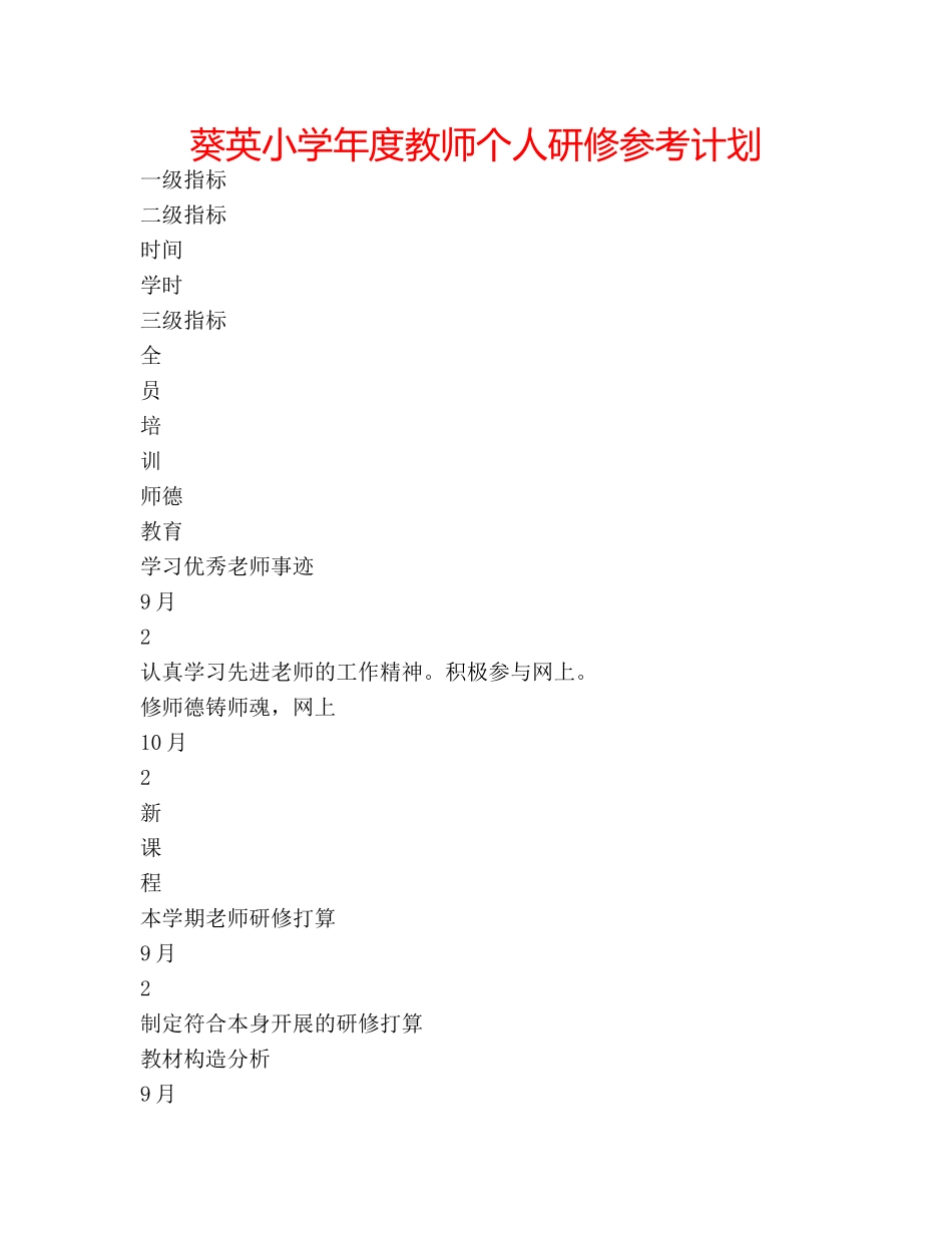 葵英小学年度教师个人研修参考计划 _第1页