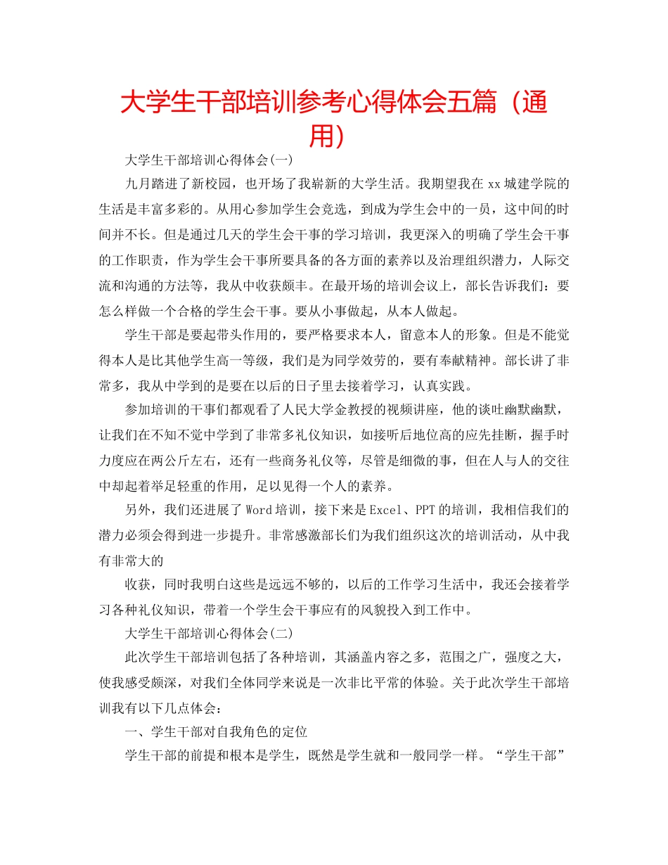 大学生干部培训参考心得体会五篇（通用） _第1页