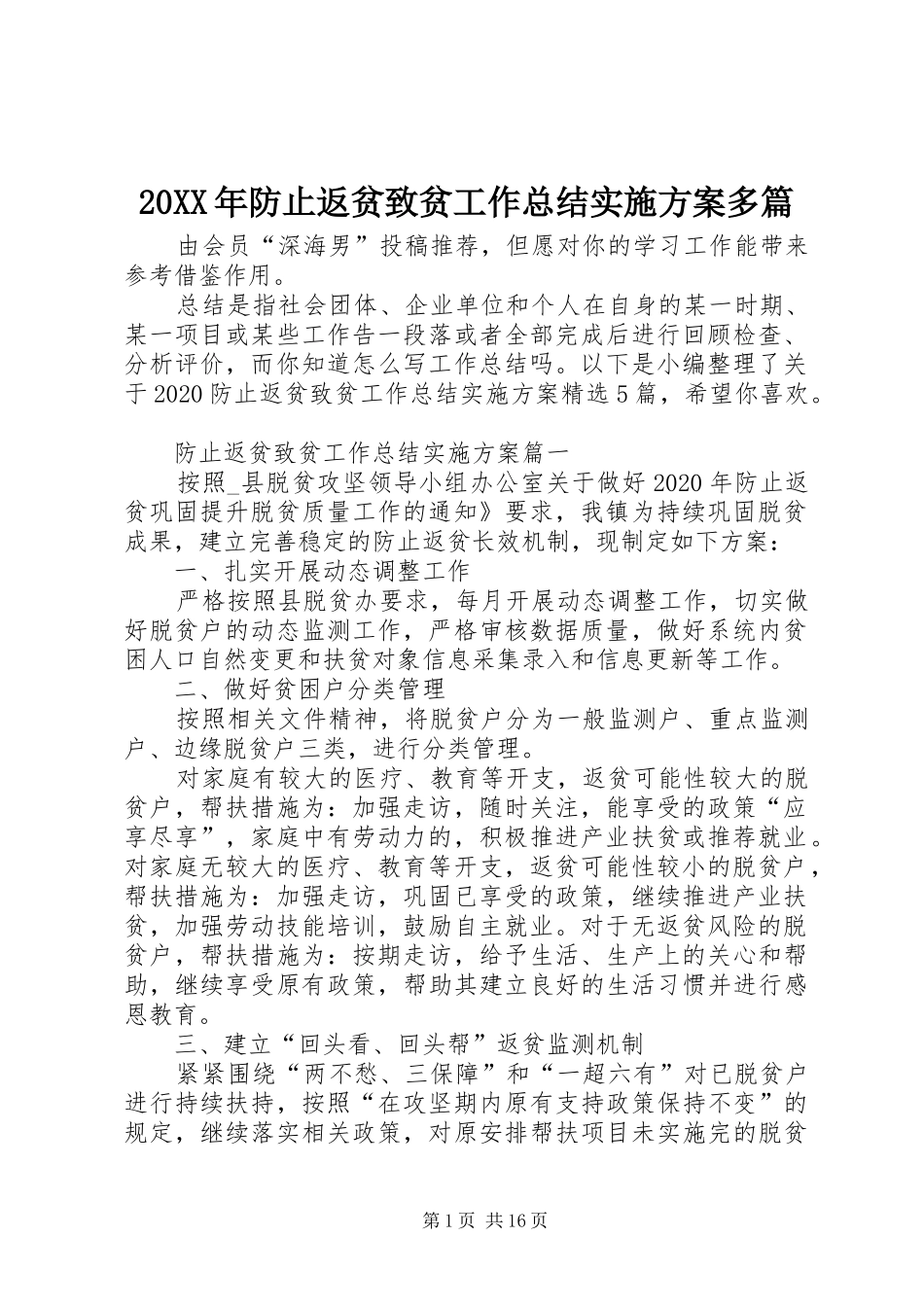 20XX年防止返贫致贫工作总结实施方案多篇_第1页