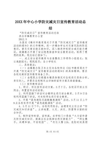 20XX年中心小学防灾减灾日宣传教育活动总结