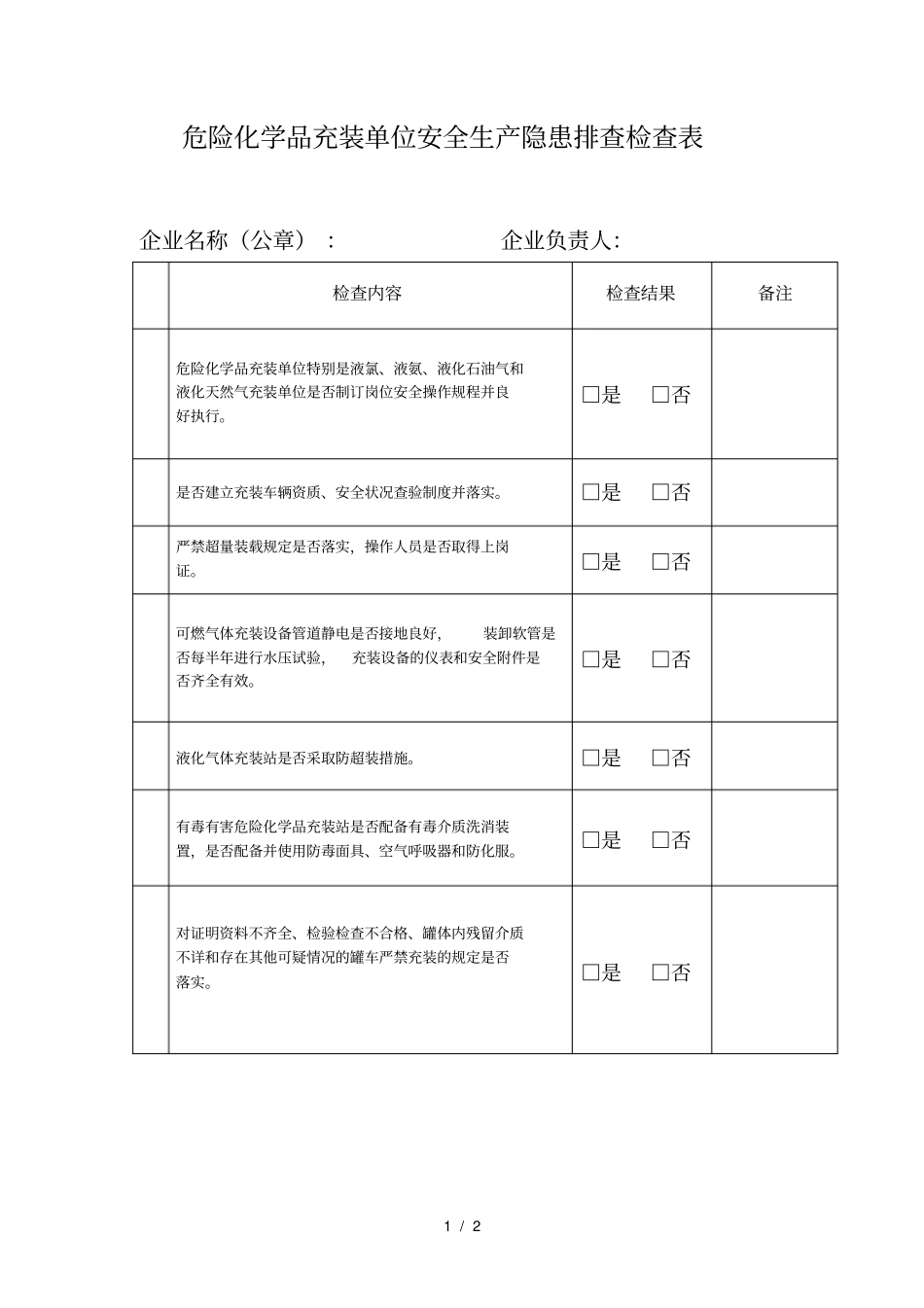 危险化学品充装单位安全生产隐患排查检查表_第1页