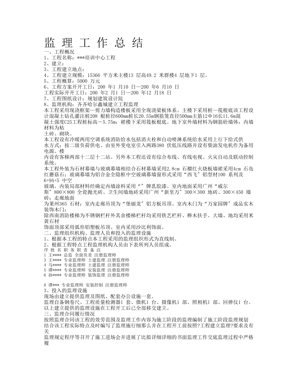 某培训中心工程监理工作总结_第1页