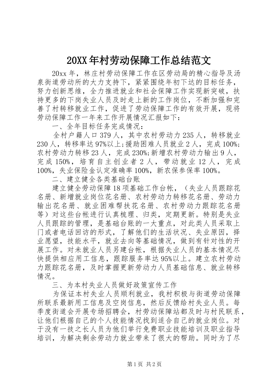 20XX年村劳动保障工作总结范文_第1页