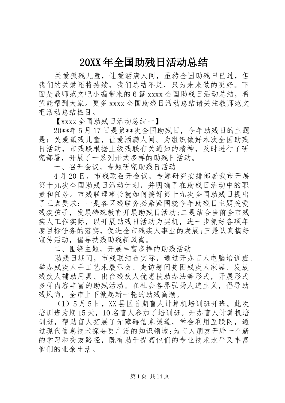 20XX年全国助残日活动总结 _第1页