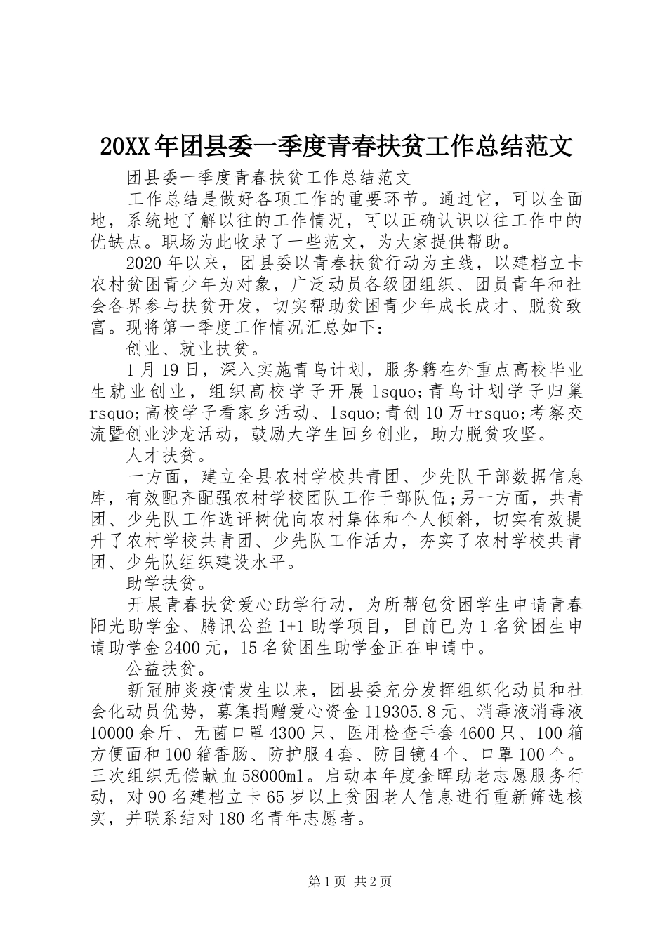 20XX年团县委一季度青春扶贫工作总结范文_第1页