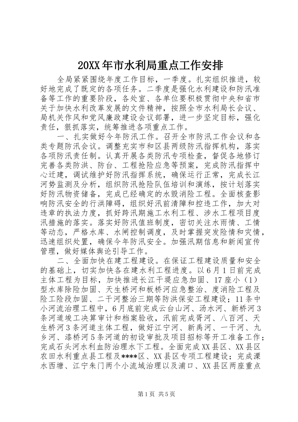 20XX年市水利局重点工作安排_第1页