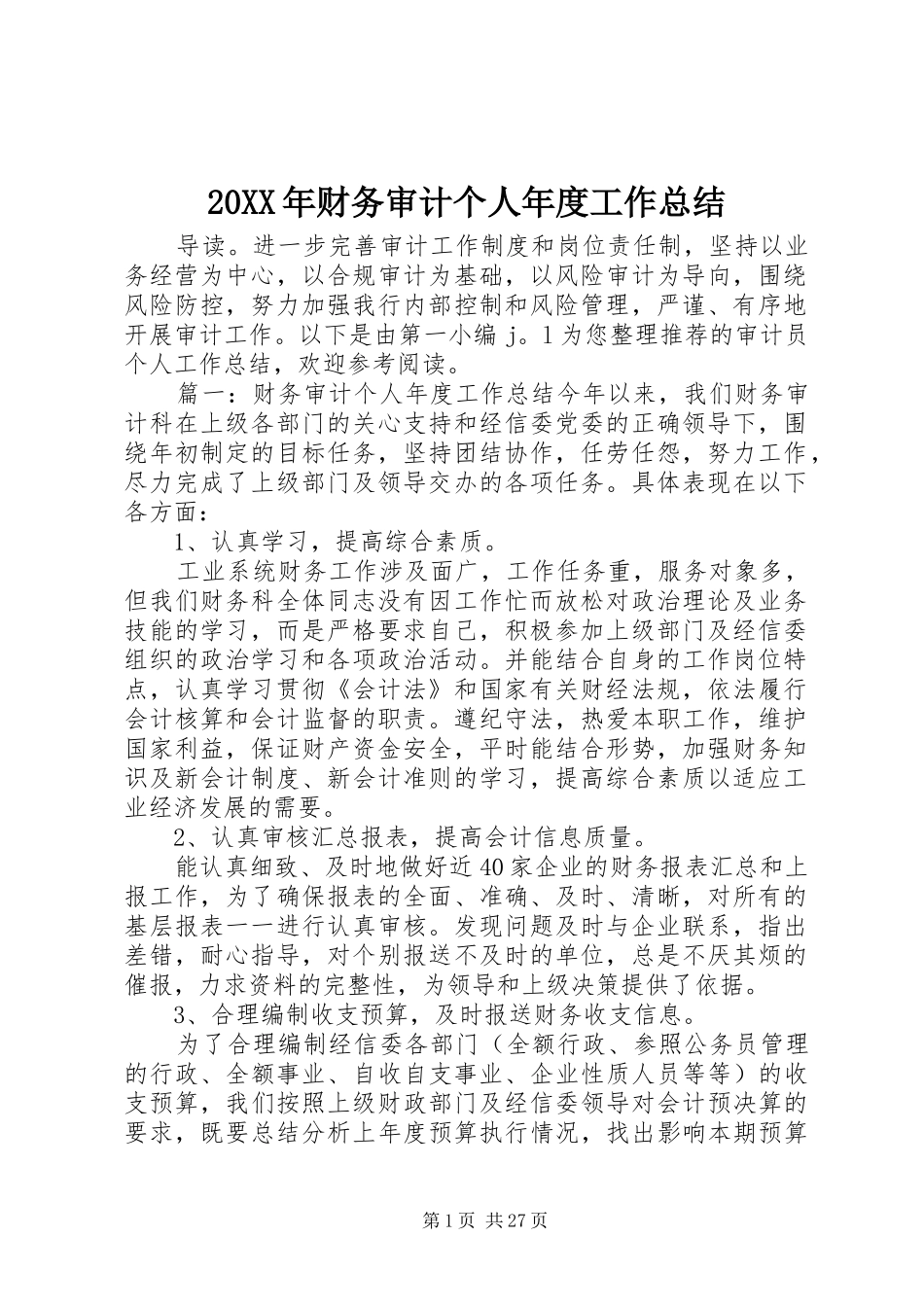 20XX年财务审计个人年度工作总结_第1页