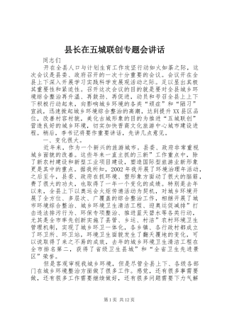 县长在五城联创专题会讲话发言