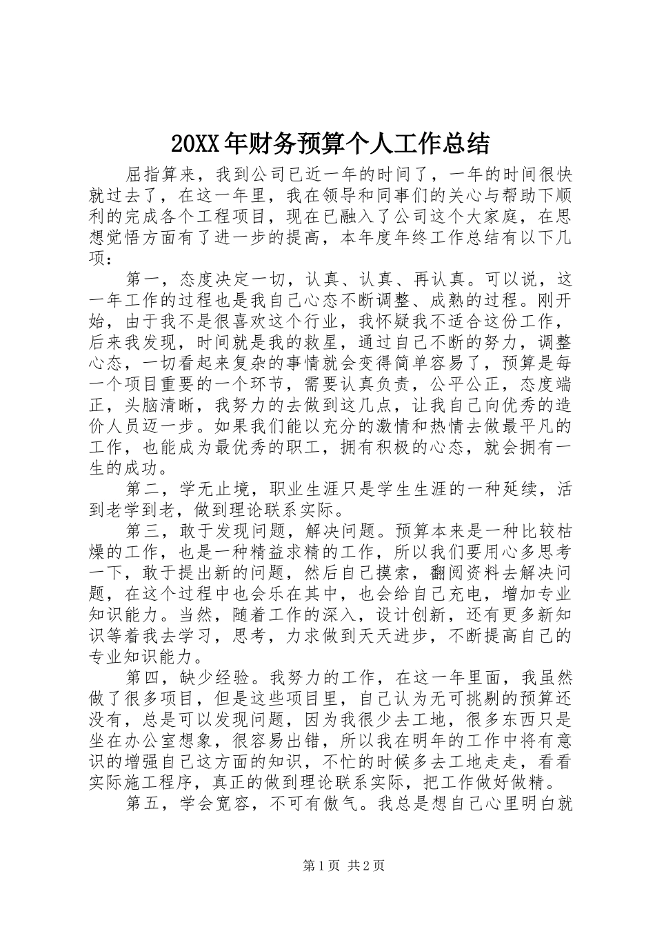 20XX年财务预算个人工作总结_第1页
