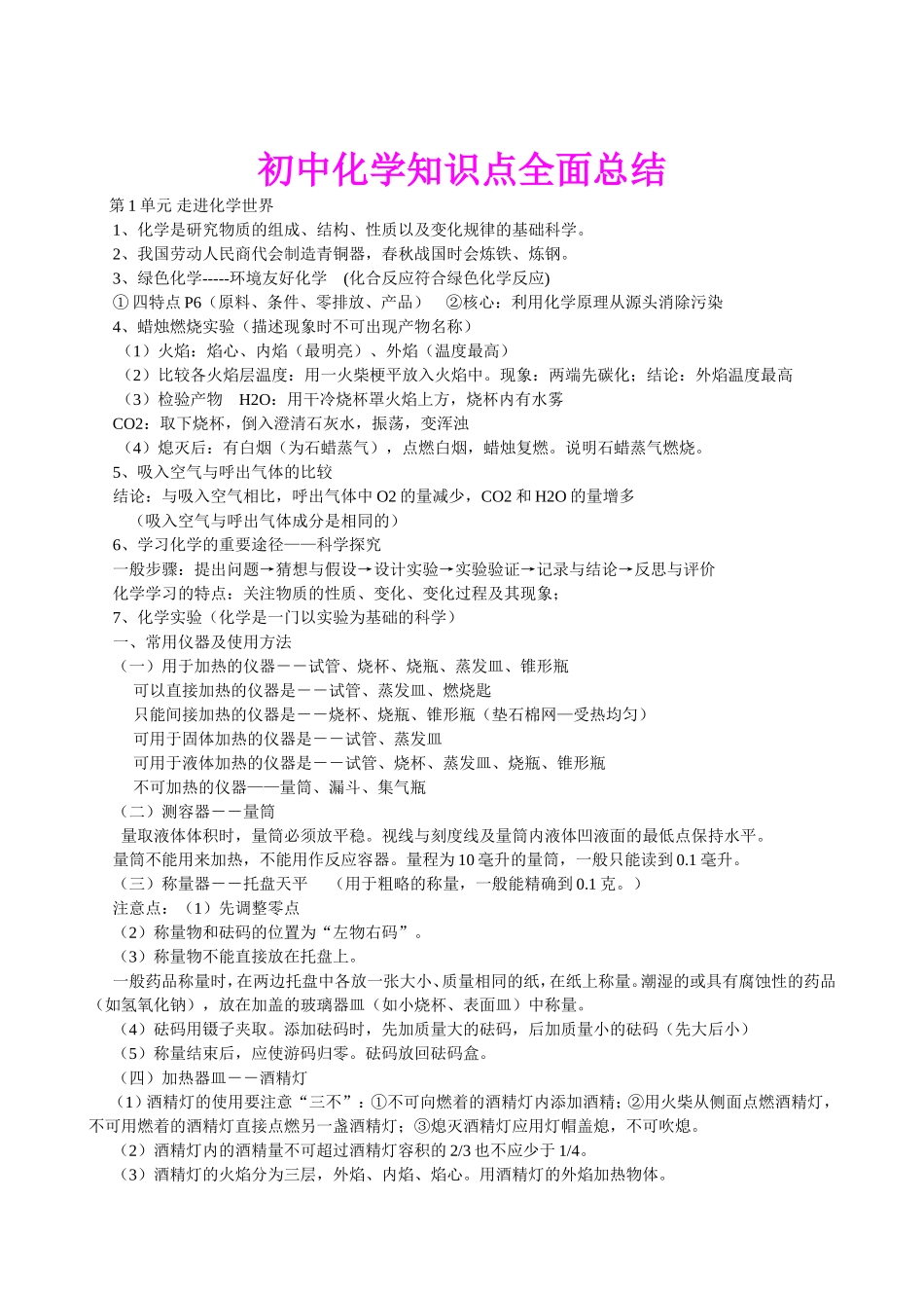 初中化学知识点全面总结_第1页