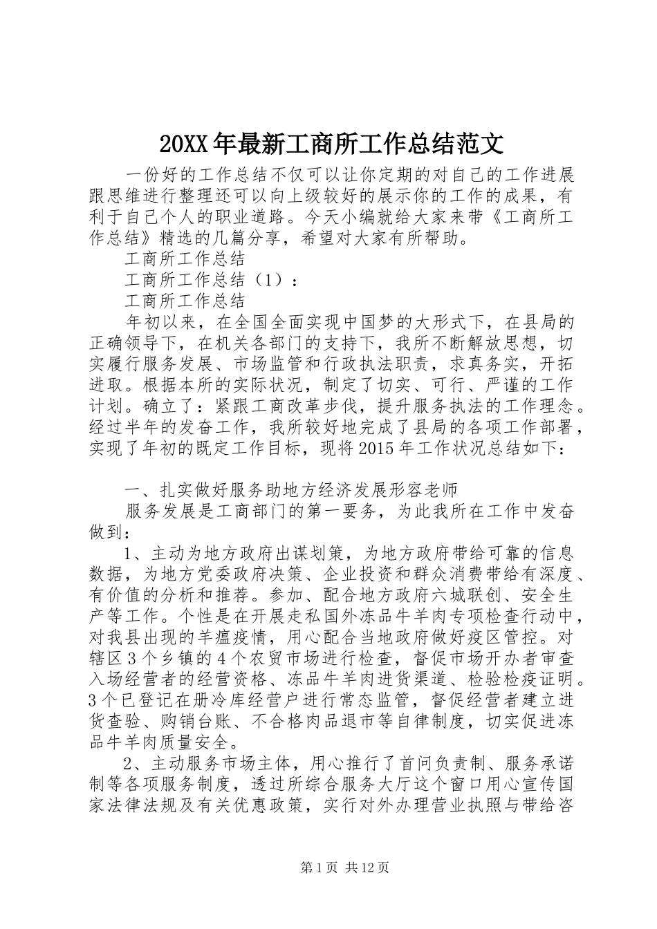 20XX年最新工商所工作总结范文_第1页
