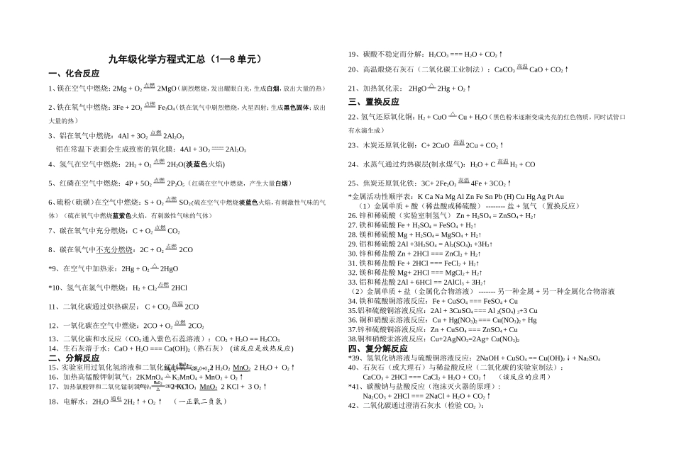 化学方程式汇总（1—8单元）_第1页
