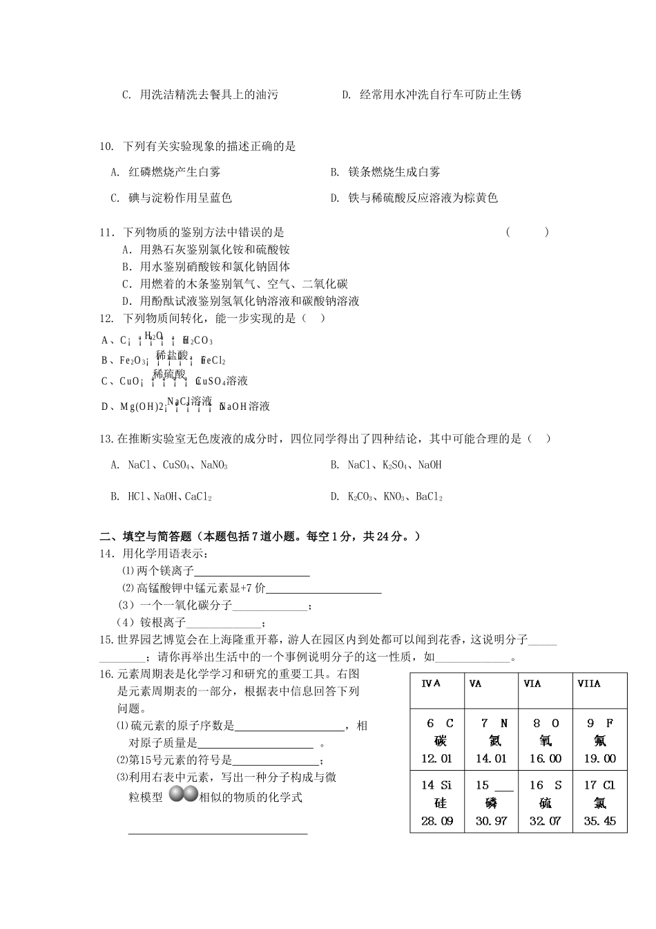 九年级化学模拟题2014_第2页