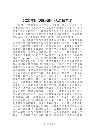 20XX年团委组织部个人总结范文