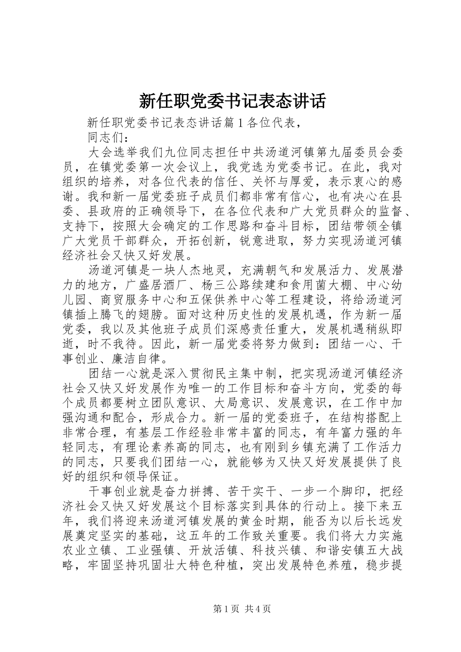 新任职党委书记表态讲话发言_第1页