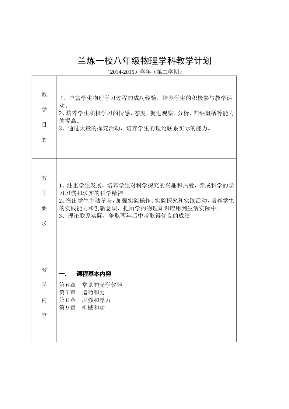 八年级物理学科教学计划杨昌梅_第1页