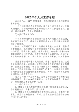 20XX年个人月工作总结