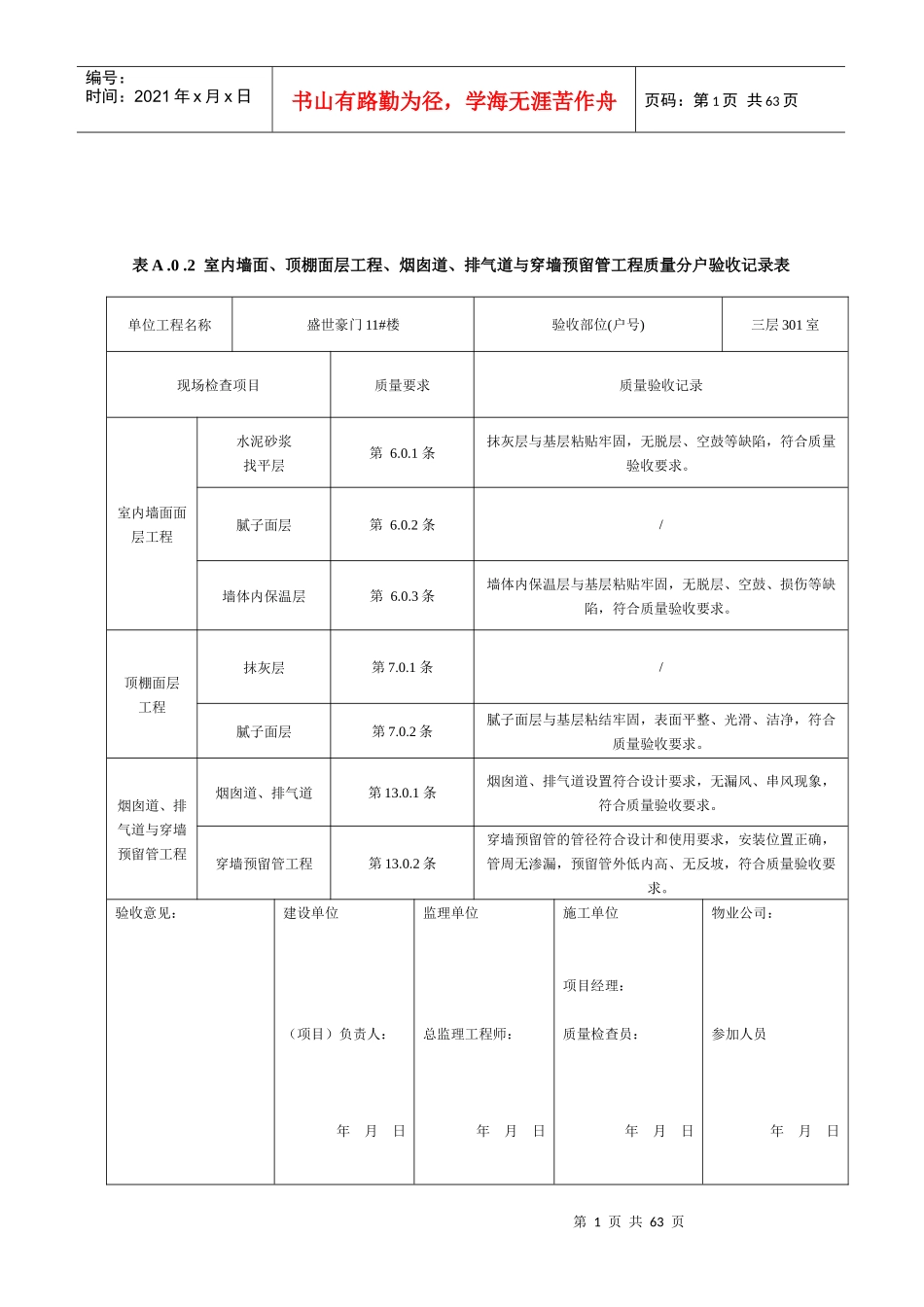 烟囱道、排气道与穿墙预留管工程质量分户验收记录表_第1页