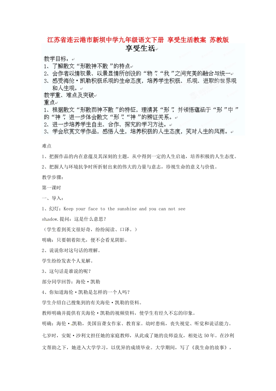 江苏省连云港市新坝中学九年级语文下册 享受生活教案 苏教版_第1页
