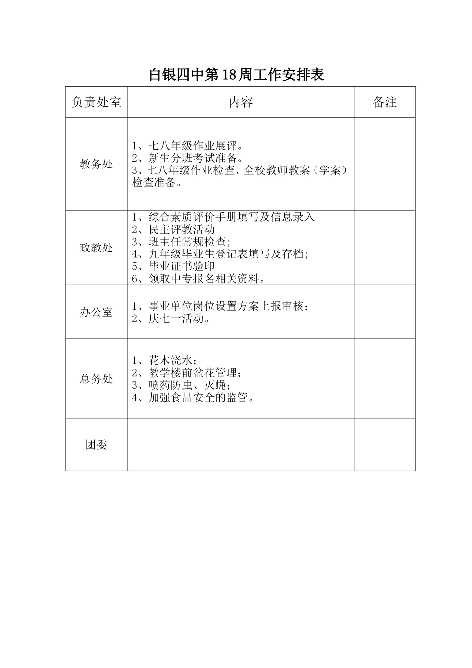 白银四中2011年18周活动安排表_第1页