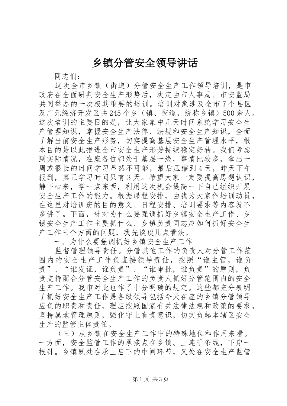 乡镇分管安全领导讲话发言_第1页