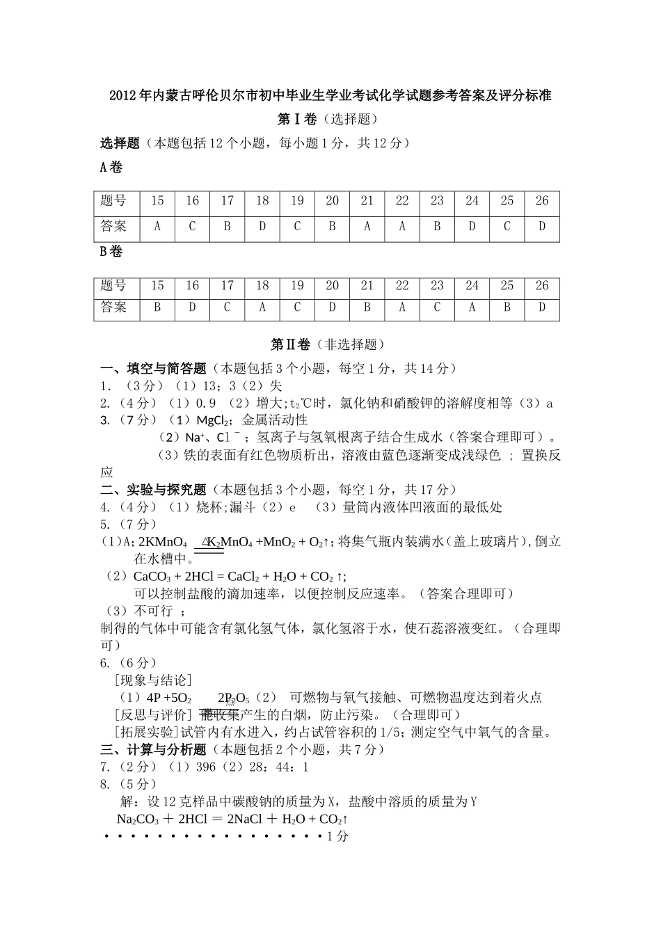 2012年呼伦贝尔市初中学业考试化学题答案_第1页