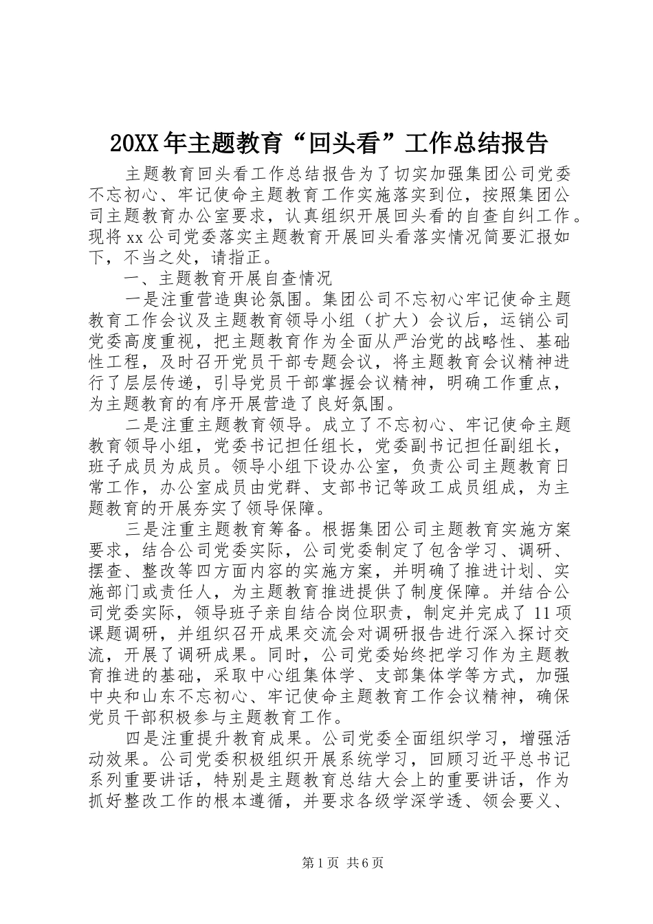20XX年主题教育“回头看”工作总结报告_第1页