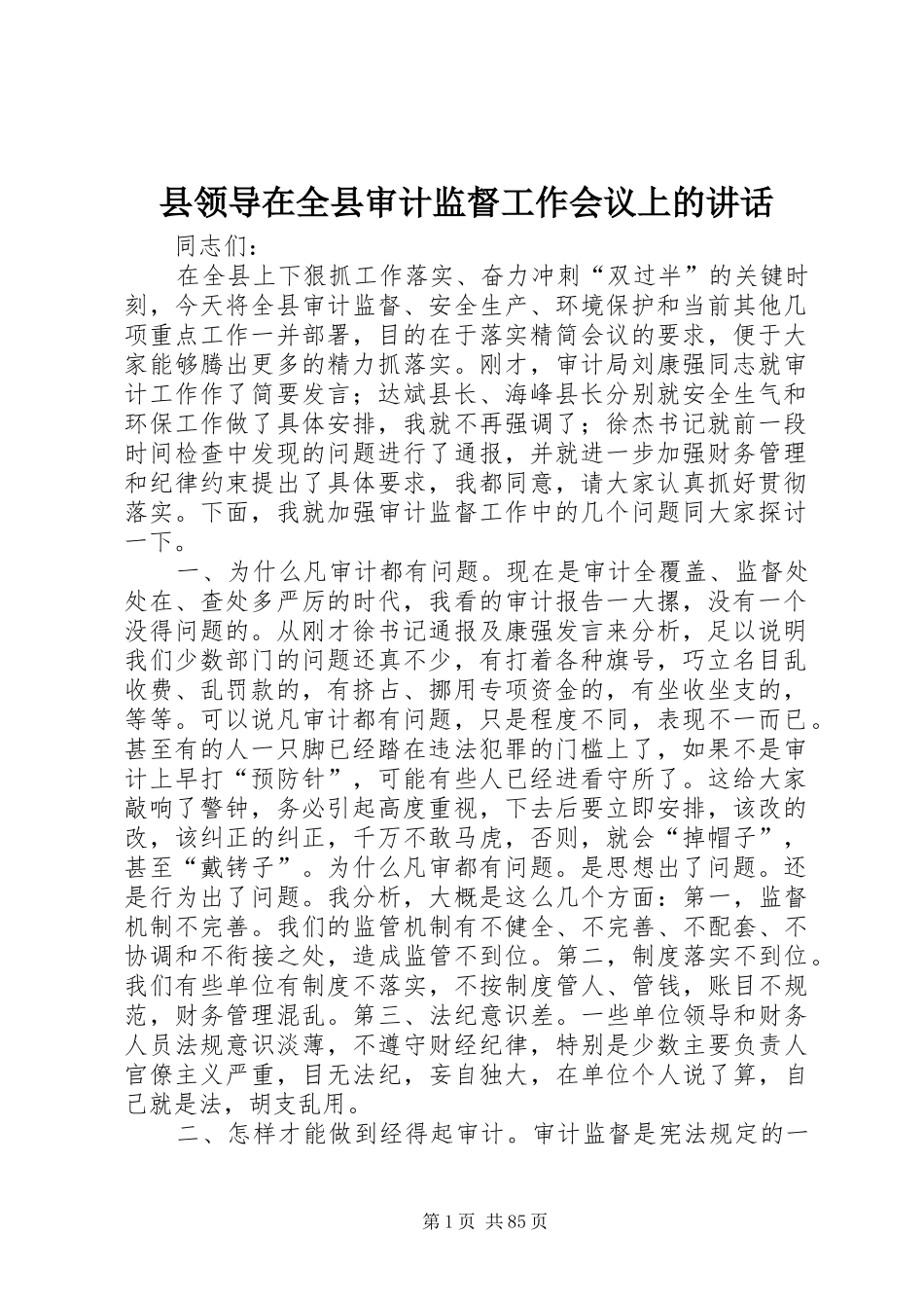 县领导在全县审计监督工作会议上的讲话发言_1_第1页