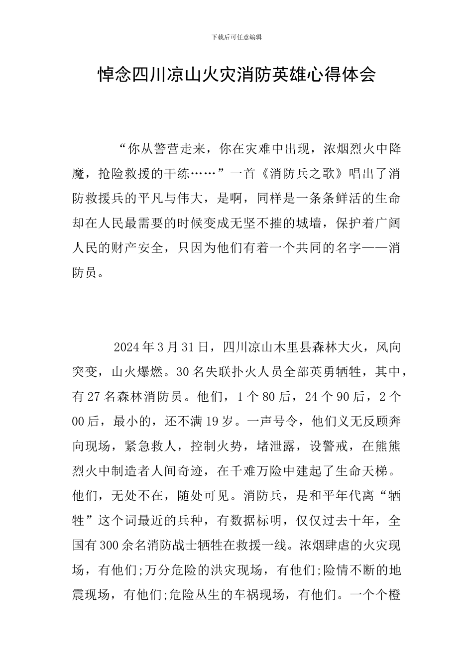 悼念四川凉山火灾消防英雄心得体会_第1页