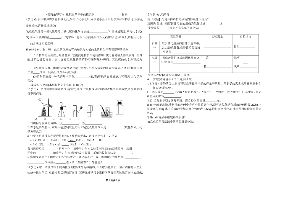 九年级化学第五次模拟考试卷_第2页