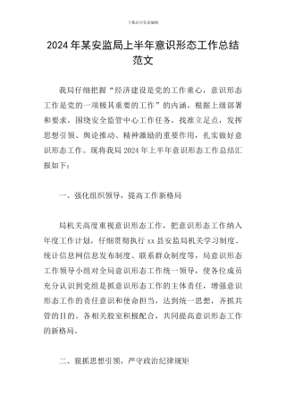 2024年某安监局上半年意识形态工作总结范文