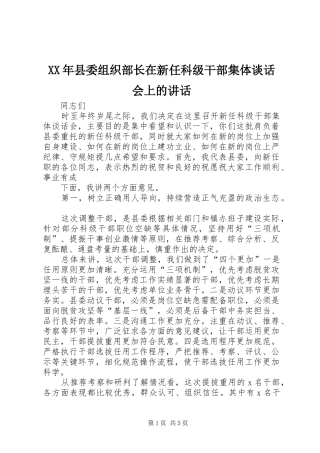 XX年县委组织部长在新任科级干部集体谈话会上的讲话发言