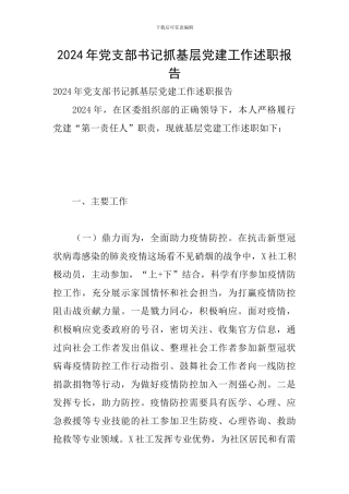 2024年党支部书记抓基层党建工作述职报告