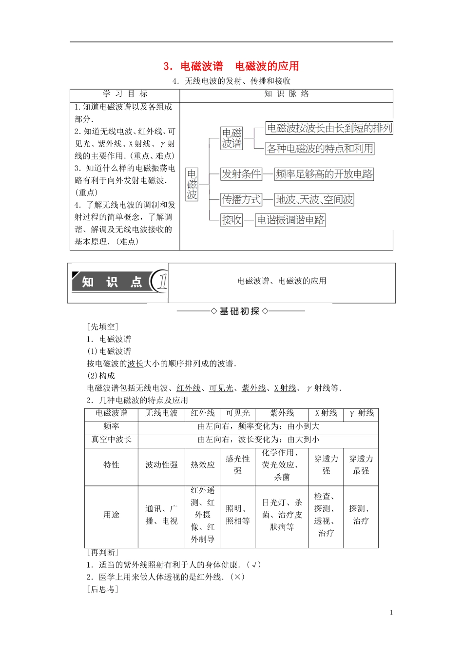 高中物理 第3章 电磁振荡 电磁波 3 电磁波谱 电磁波的应用 4 无线电波的发射、传播和接收教师用书 教科版选修3-4-教科版高二选修3-4物理学案_第1页