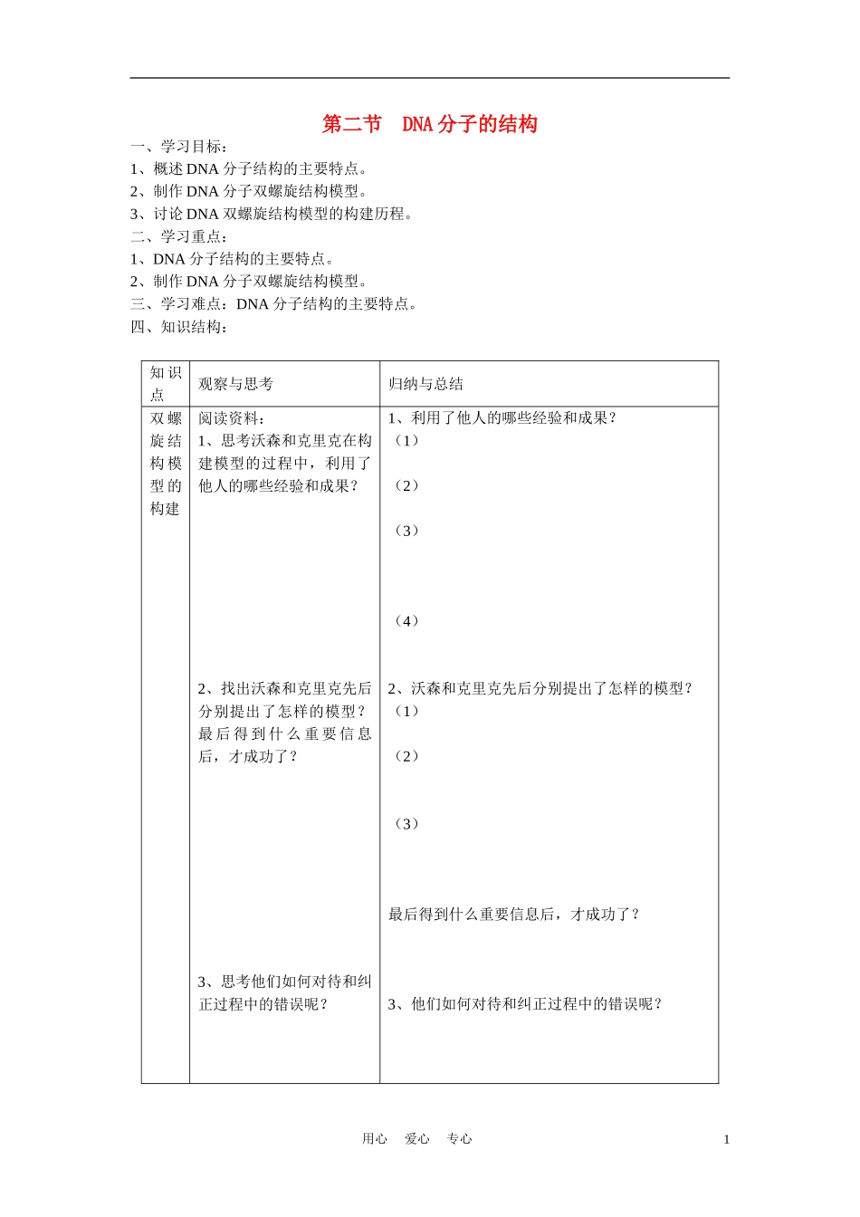 高中生物 DNA的分子结构 学案1 中图版必修2_第1页