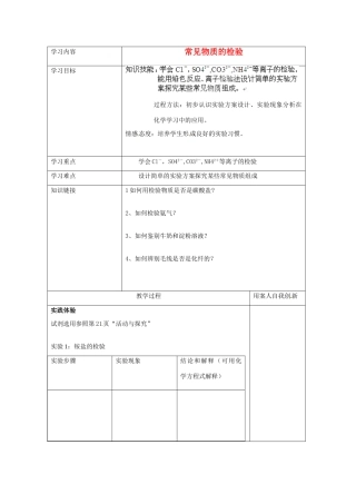 【名校联盟】江苏省新沂市王楼中学高一化学《1.2.2常见物质的检验》学案