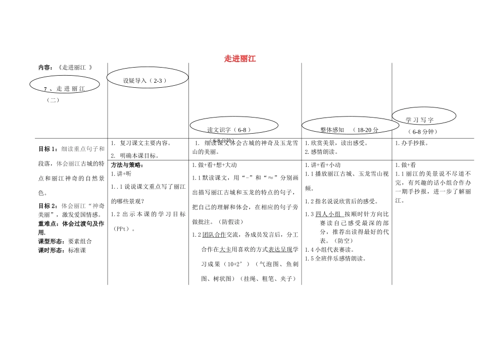 春四年级语文下册 第7课《走进丽江》教案 语文S版-语文S版小学四年级下册语文教案_第1页