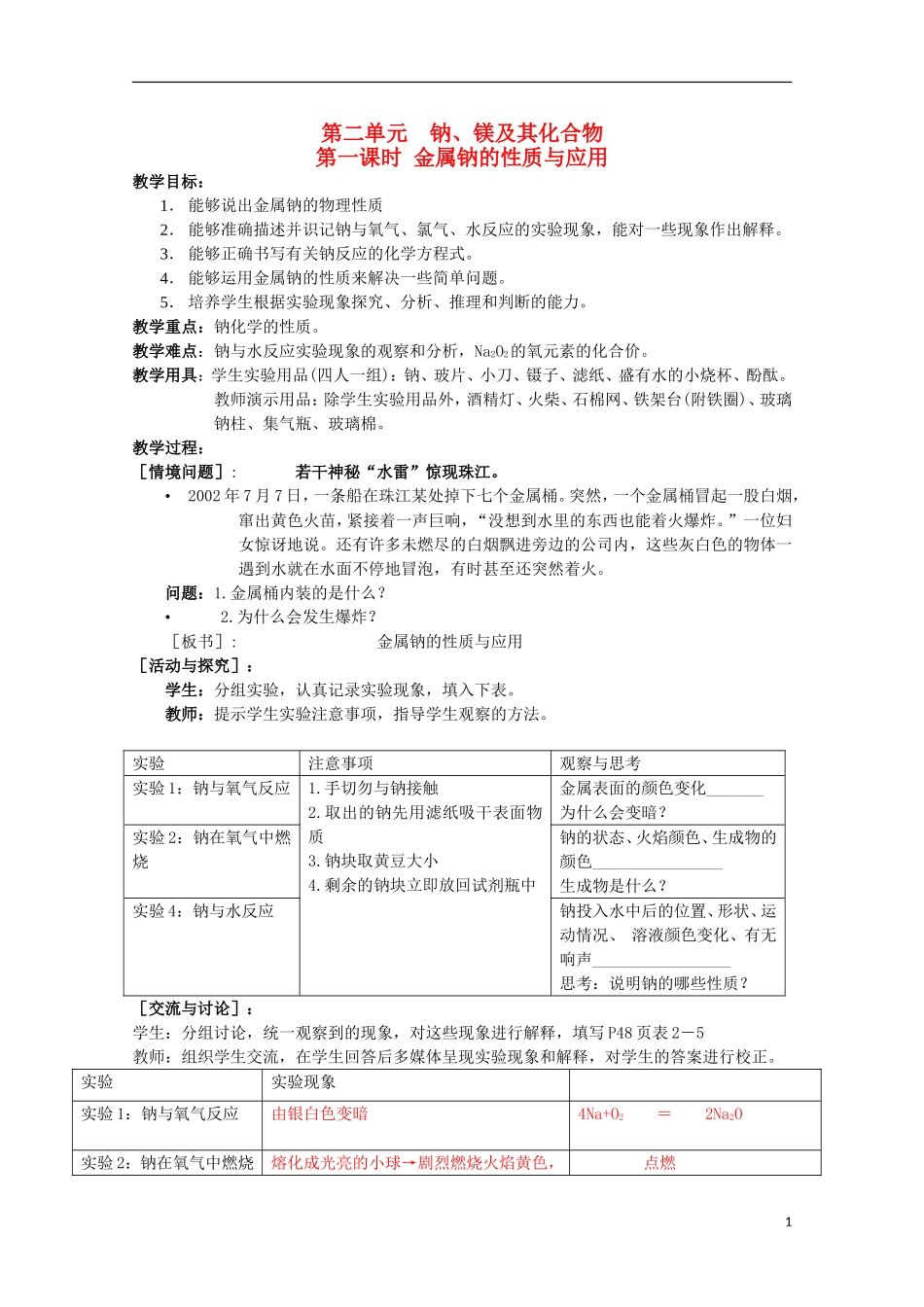 2013-2014学年高中化学 2.2 钠、镁及其化合物教案 苏教版必修1_第1页
